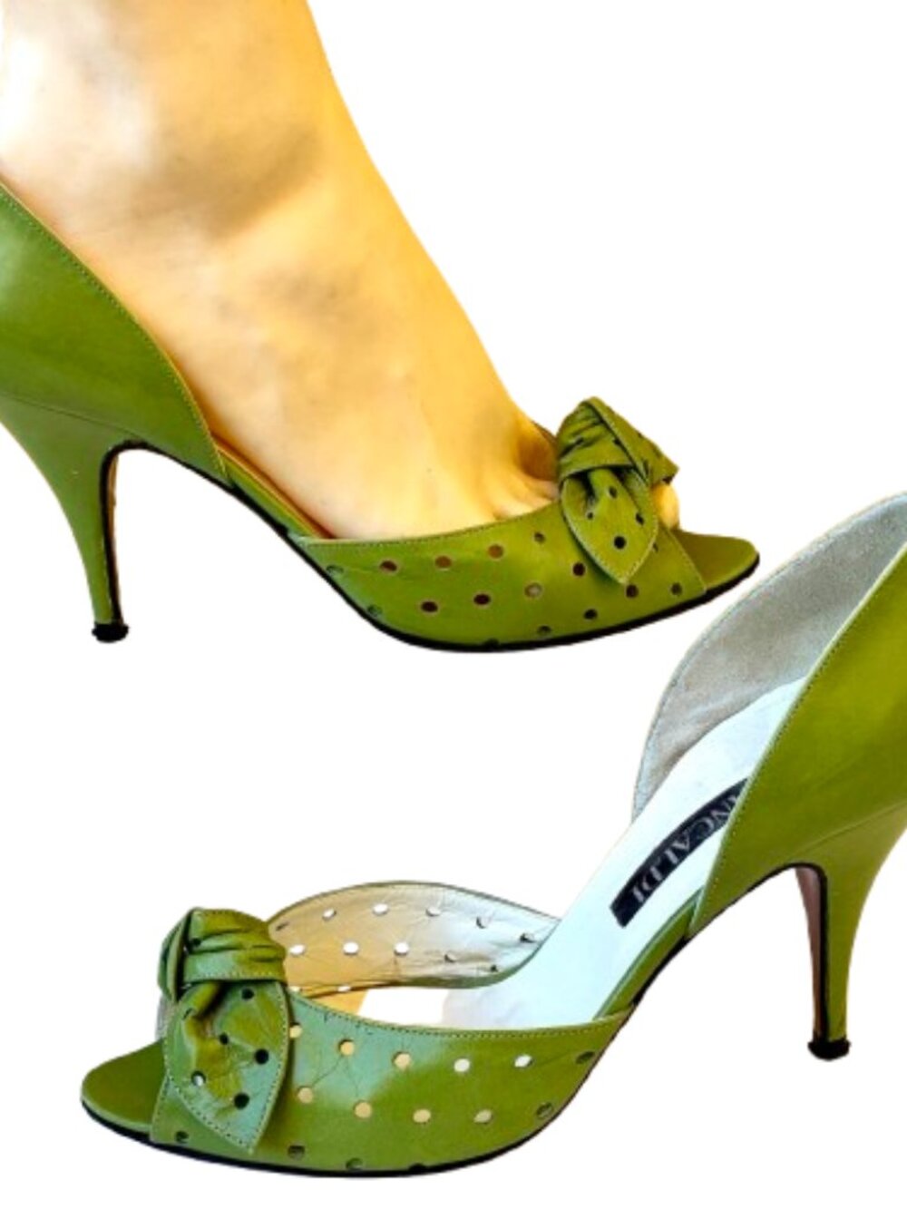 Pancaldi Vintage 90's Italy Green Leather D'Orsay Peep Toe Perforated Pump 8 - Picture 4 of 13